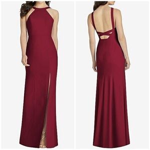 NWT Dessy Collection High Halter Neck Open Back Crepe Gown Dress Burgundy Sz 18
